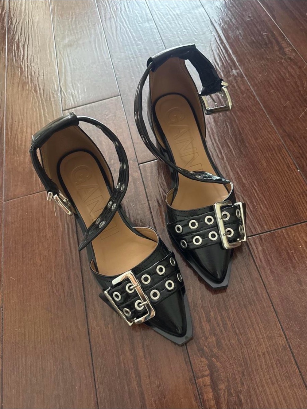 GANNI Black Pointed-Toe Ankle Strap Flats with Buckle